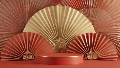 chinese new year red podium display mockup on red abstract background with red hand paper fan stage for product minimal presentation 3d rendering - obrazy, fototapety, plakaty