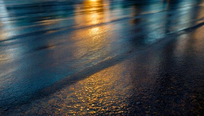 dark street wet asphalt reflections of rays in the water abstract dark blue background