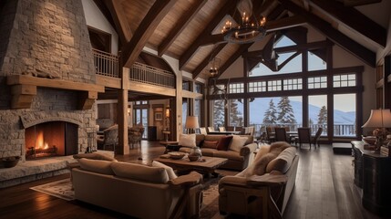 Warm and rustic ski chalet with timber frame construction vaulted ceilings and stone fireplace.