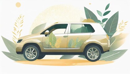 car suv white background green leaves eco transport concept