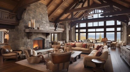 Fototapeta premium Warm and welcoming rustic chalet great room with peaked A-frame wood ceilings and massive stone fireplace.