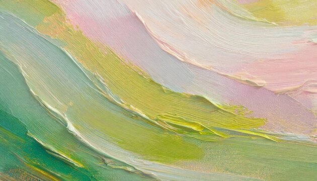 closeup of abstract rough colorful green pink white colors art painting texture background wallpaper with oil or acrylic brushstroke waves pallet knife paint on canvas