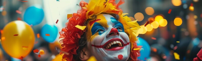 The funny laughing clown banner, April fools Day, happy human with colorful hair and a big smile, dressed as a clown, is holding balloons and laughing. - obrazy, fototapety, plakaty