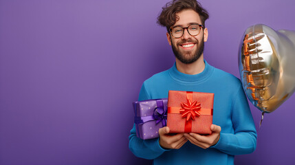 happy caucasian man wear blue striped t-shirt hold red present box with gift on studio background - Powered by Adobe