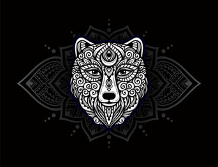 Bear mandala ornament. Vector illustration. Flower Ethnic drawing. Bear animal nature in Zen boho style. Coloring page black and white - 767257425
