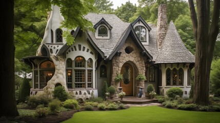 Fototapeta na wymiar Whimsical fairytale cottage with diamond-paned windows carved wood doors and turret bedroom suite.