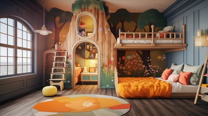 Whimsical children's bedroom with built-in clubhouse and vibrant colors. - obrazy, fototapety, plakaty