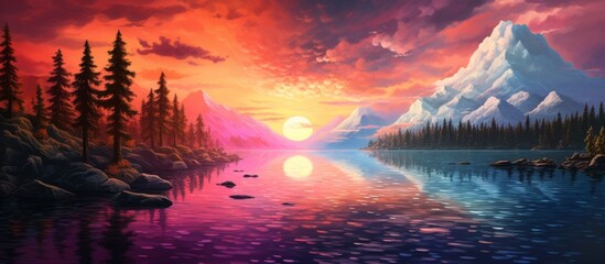 A beautiful natural landscape painting depicting a lake with a mountain at sunset. The sky is filled with colorful clouds and an afterglow. Trees are silhouetted against the dusk sky