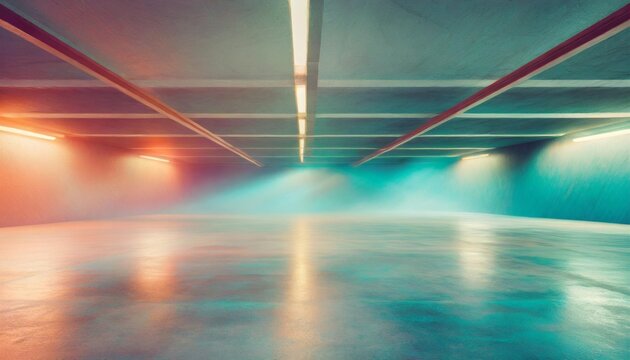 empty parking garage background with dappled light streaking across the floor and walls muted cyan and red tones cyc empty fog smoke abstract