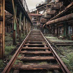 Fototapeta na wymiar Abandoned industrial factory with rusty metallic warehouse buildings and railway.