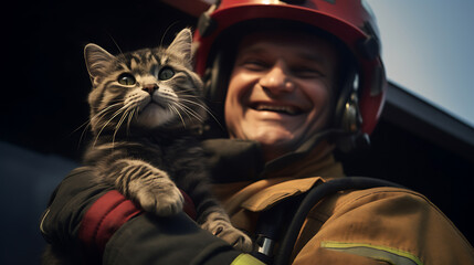 Portrait of a firefighter holding a cat in his hand and smiling