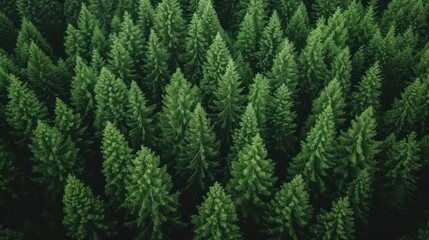Lush green conifer forest shot from above. - obrazy, fototapety, plakaty