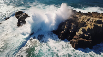 Aerial view of waves crashing on the rocks in the ocean.