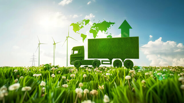 Digital composite of a green energy freight truck on a field, with wind turbines and a rising world map in the background