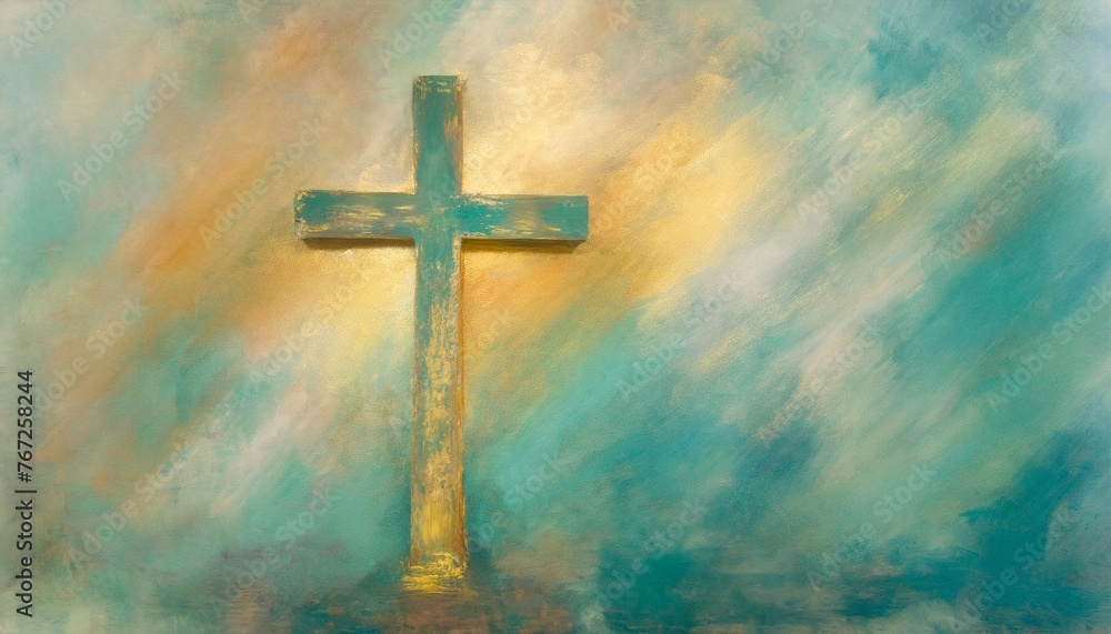 Wall mural cross painting in tones of teal art with roughly painted effect background with copy space ready for text scripture worship lyrics quote