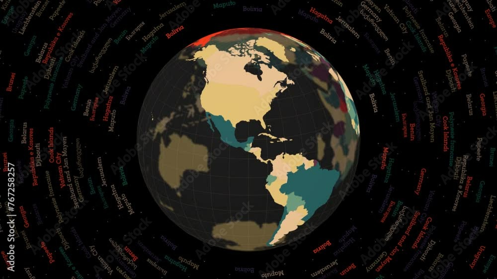 Poster rotating globe. dark translucent globe with round geographical names text. attractive spinning plane