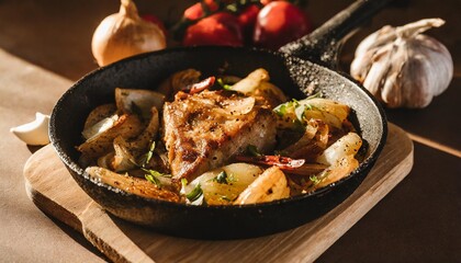 fried pork meat with potatoes onions and peppers national homemade georgian dish ojakhuri in a black frying pan on a dark background with shadows
