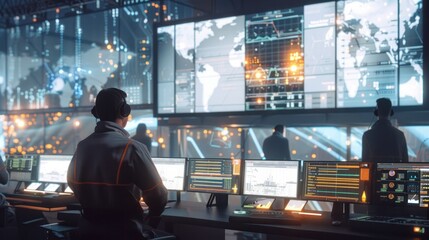 Engineers and technicians monitoring a smart grid control center equipped with AI technology to optimize energy distribution and consumption 