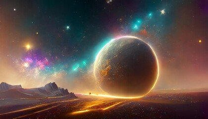 neon abstract space background with nebula and stars futuristic fantasy landscape futuristic space sci fi abstract background sci fi landscape with planet neon light cold planet 3d render - obrazy, fototapety, plakaty