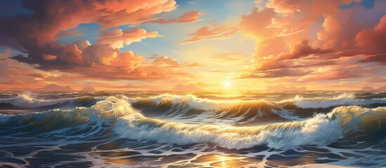 A stunning natural landscape painting capturing the afterglow of a sunset over the ocean, with waves crashing on the shore under a colorful sky - Powered by Adobe