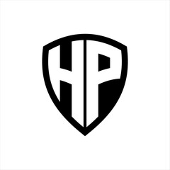 HP monogram logo with bold letters shield shape with black and white color design