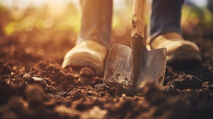 Gardener digging soil with shovel at sunset, close-up of feet and tool in garden. - obrazy, fototapety, plakaty