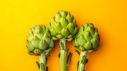 Fresh Artichoke on yellow background. Raw Artishokes closeup