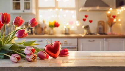 Fototapeta na wymiar st valentines day themed border on kitchen table with love heart and red tulips and blurred kitchen in the background