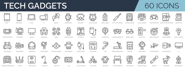 Set of 60 outline icons related to tech gadgets. Linear icon collection. Editable stroke. Vector illustration - obrazy, fototapety, plakaty