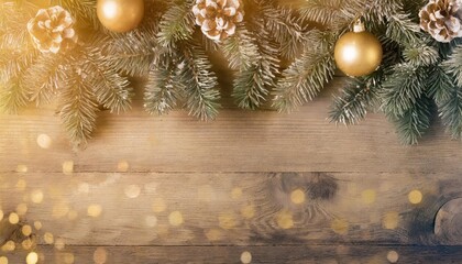 Obraz na płótnie Canvas christmas background with decorated fir tree branch border on vintage wood flat lay panoramic toned image