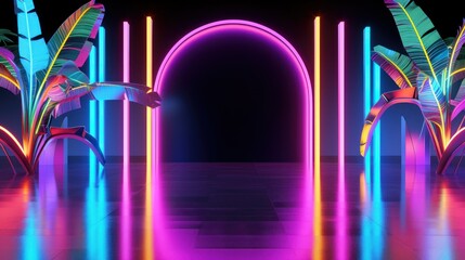Futuristic neon portal with tropical leaves and glowing lines on a dark background, retro cyberpunk style. - Powered by Adobe