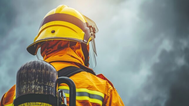 Back view of a firefighter in protective gear against a cloudy sky, depicting bravery and emergency response.