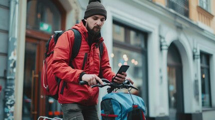 Food shipping, profession and people concept - delivery man with thermal insulated bag and bicycle on city street calling on smartphone 