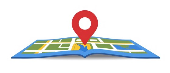 Folded map with a red location pin indicating a destination or point of interest on a white background.