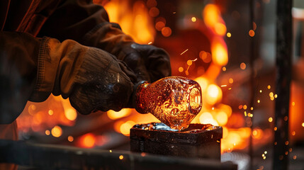a close-up of a glassblower's hands deftly moulding molten glass into the shape of a locomotive against the furnace's flaming background