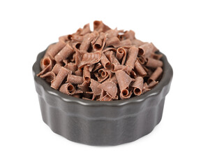 Delicious chocolate shavings in bowl isolated on white