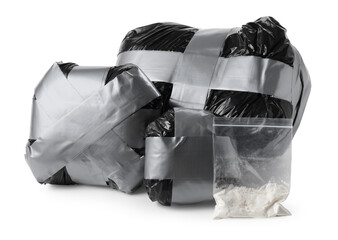 Packages with narcotics isolated on white. Drug addiction
