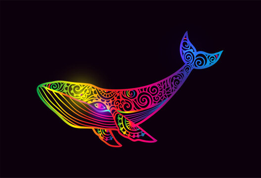 Whale mandala. Vector illustration. Whale sea animal in Zen boho style. Sacred geometry, Peaceful. Tattoo print. Hippie, hallucination. Psychedelic mystical print