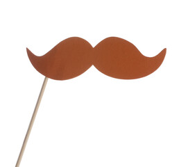 Fake paper mustache on stick against white background