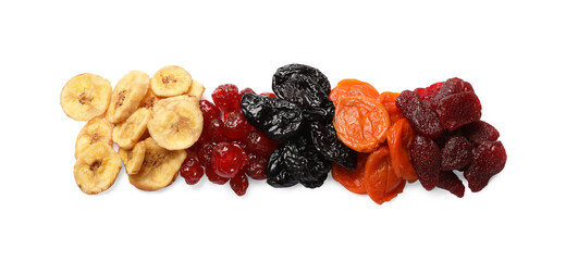 Mix of delicious dried fruits isolated on white, top view