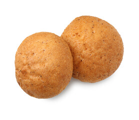 Fresh hamburger buns isolated on white, top view