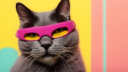 Handsome fashionable furry grey cat wearing yellow and pink sunglasses. : Copy space for text - obrazy, fototapety, plakaty