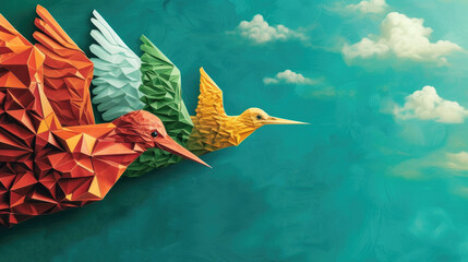 Colorful origami birds flying over a serene blue background, symbolizing creativity and freedom.