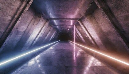 neon laser purple blue sci fi futuristic alien spaceship concrete stone cement purple blue glowing corridor tunnel showroom hangar underground hallway basement 3d rendering