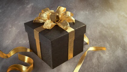a black gift box with a golden bow and ribbons on a grunge gray background