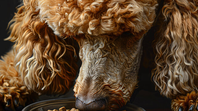 the anticipation of mealtime with a hyperrealistic image of a Poodle eating kibble.