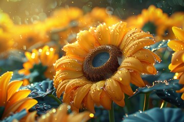 Dewy Yellow Sunflower with Vibrant Colors in a Lush Field with Raindrops 
