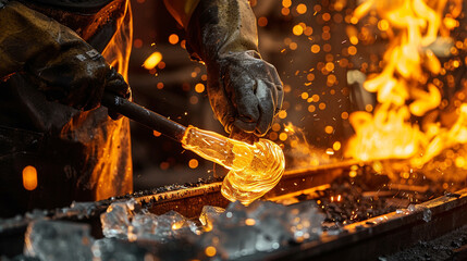  An up-close look at a glassblower's hands deftly moulding molten glass into the shape of a locomotive against the furnace's flaming background - obrazy, fototapety, plakaty