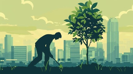 Man Planting Tree in Urban Setting Illustration - obrazy, fototapety, plakaty