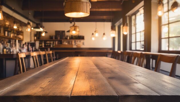 rustic empty wooden table vintage pub interior dark wood counter restaurant space abstract bar scene